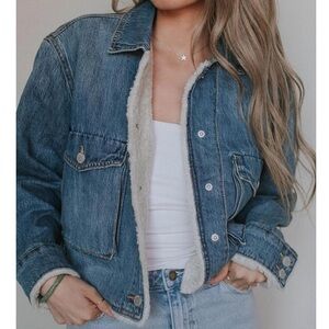 Blank NYC Crash Course Cropped Denim Jacket with Sherpa Lining blue size xs